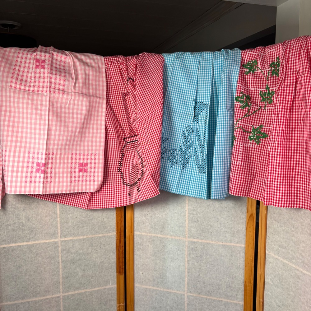 Vintage Handmade Gingham Half Aprons Lot of 4 Multicolor Cross Stitch Pocket